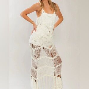 LE LIS Boho Fringe Chevron Pattern Western Maxi Dress Beach Cover Up Caftan NWT